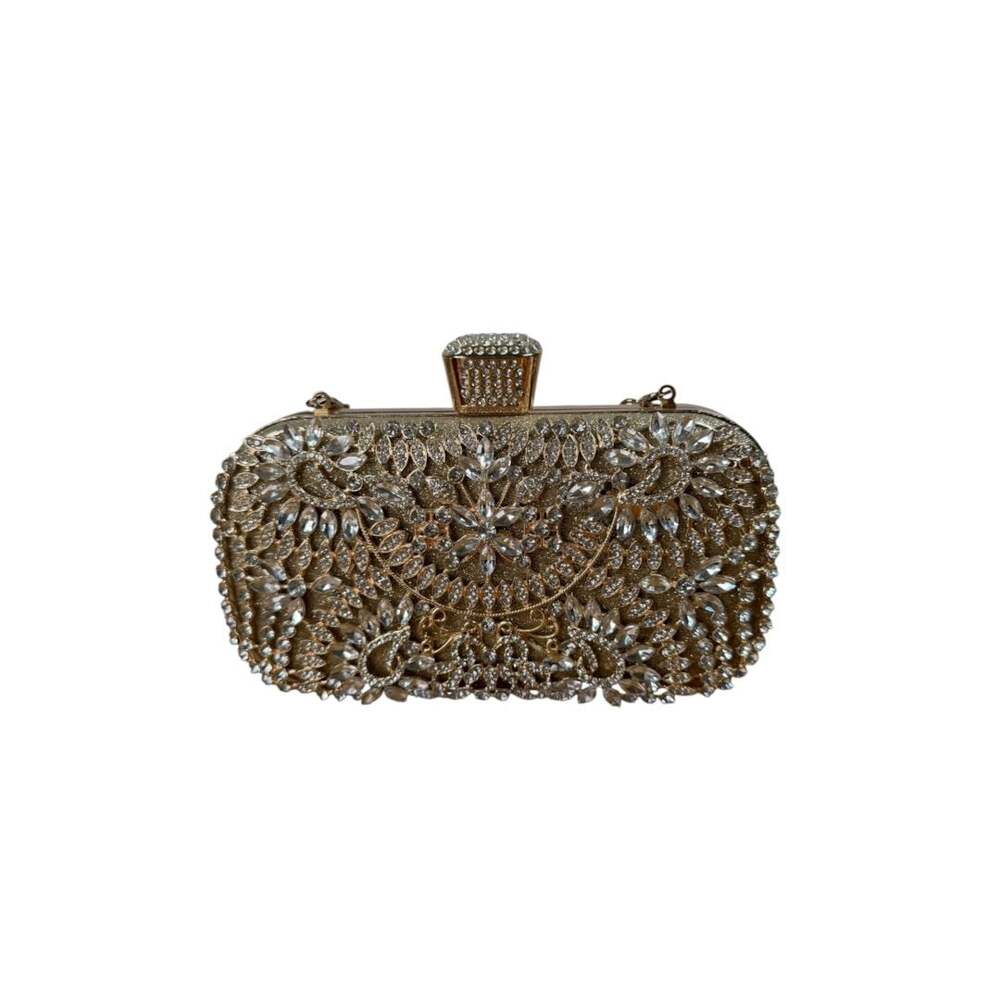 Womens Sparkly Rhinestone Crystal Clutch Bag Gold Glitter Bridal Evening Handbag